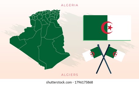 Mapa nacional de Argelia, Bandera vectorial de Argelia, Mapa argelino, ilustración del tamaño del vector de Argelia.