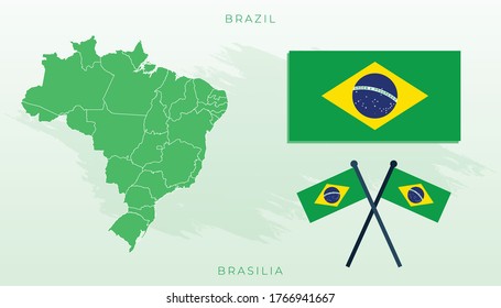 National map of Brazil, Vector flag of brazil, Brazil map, illustration flag size vector of Brazil, map vector, Green, Brasilia National flag and map vector, Illustration.