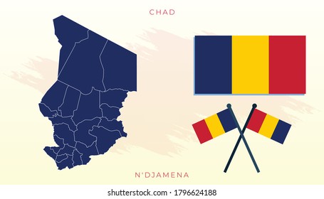 Mapa nacional de Chad, bandera vectorial de Chad, mapa de Chad, ilustración del tamaño del vector de Chad.
