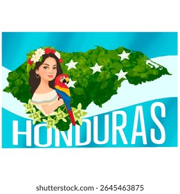National map and flag of Honduras. girl holding parrot.