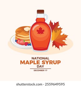 National Maple Syrup Day poster vector illustration. Bottle of maple syrup and pancakes icon vector. Template for background, banner, card. December 17 each year. Important day