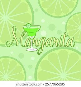 National Margarita Day to celebrate on February 22nd. A glass of Margarita drink with calligraphic text and lime slices on a bright green background. Drink event banner.