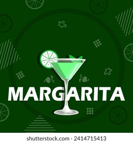 National Margarita Day event banner. A glass of margarita drink with mint leaves and lemon slices, with bold text on dark green background to celebrate on February 22