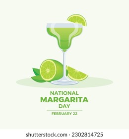 National Margarita Day vector illustration. Margarita drink with lime icon vector. Green tequila alcoholic cocktail icon vector. Glass of margarita drawing. February 22 every year. Important day