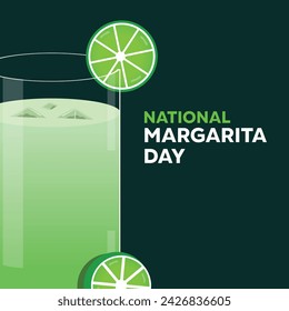 National Margarita Day. zoomed Margarita drink and decorated with lime. cards, banners, posters, social media and more. Dark gree background.