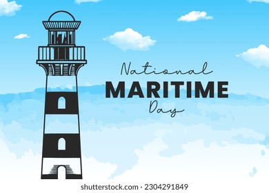 National Maritime Day. Blue sea Background with Abstract waves and lighthouse