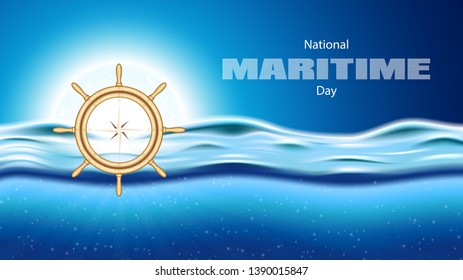 National maritime day poster with rudder and compass, vector illustration