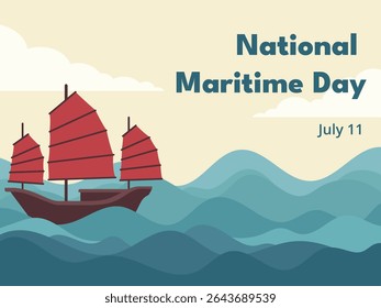 National Maritime Day vector with Zheng He on a treasure ship. Celebrates the legacy of China’s greatest explorer and naval expeditions, july 11