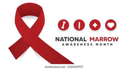 National Marrow Awareness Month. Ribbon, bone, syringe, plus icon and heart. Great for cards, banners, posters, social media and more. White background.