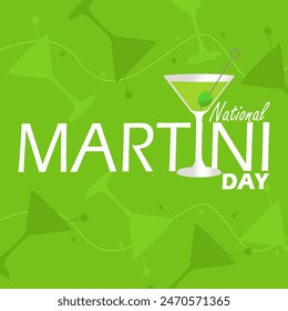 National Martini Day event banner. A glass of Martini drink with bold text on light green background to celebrate on June 19th