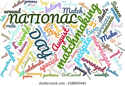 National Matchmaker Day 31 August Word Cloud In Vector Art Creative Colourful White Back Ground