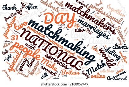 National Matchmaker Day 31 August Word Cloud In Vector Art Creative Colourful White Back Ground