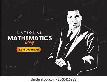 National Mathematics Day, Portrait of Srinivasa Ramanujan Aiyangar an Indian mathematician vector illustration, in black and white