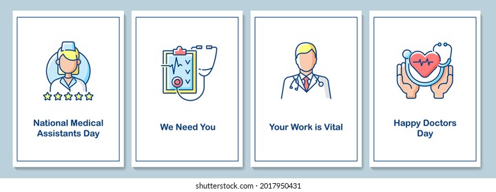 National medical assistants day celebration greeting cards with color icon element set. Postcard vector design. Decorative flyer with creative illustration. Notecard with congratulatory message