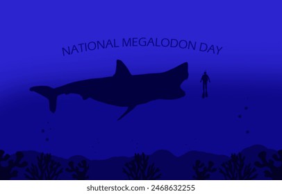 National Megalodon Day event banner. Illustration of a giant megalodon shark with a diver in the dark ocean to celebrate on June 15th