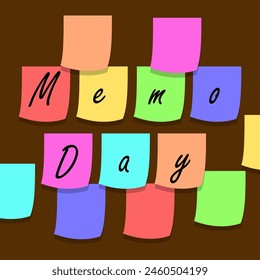 National Memo Day event banner. Colorful memo paper stuck to the brown wall to celebrate on May 21st