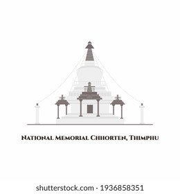 National Memorial Chhorten in Thimphu, Bhutan. The Memorial Stupa, an unique architectural landmark attraction. It is dedicated to World Peace. One of the most visited sight. Vector flat cartoon