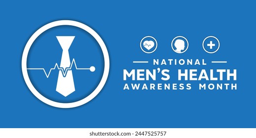 National Mens Health Awareness Month. Tie, heart, human and plus icon. Great for cards, banners, posters, social media and more. Blue background. 