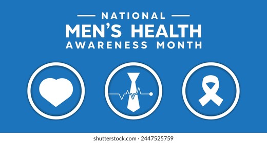 National Mens Health Awareness Month. Heart, tie, and ribbon. Great for cards, banners, posters, social media and more. Blue background. 