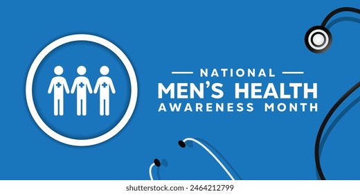 National Mens Health Awareness Month. People icon, plus icon and stethoscope.. Great for cards, banners, posters, social media and more. Blue background. 