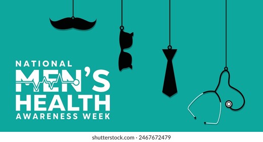 National Mens Health Awareness Week. Mustache, glasses, tie and stethoscope. Great for cards, banners, posters, social media and more. Green background. 