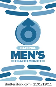 National Men's Health Month in June. Celebrated in United States. Educational program that teaches you how to work on your body. Healthy eating, exercise and disease prevention. Medical vector poster