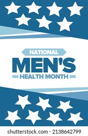 National Men's Health Month in June. Celebrated in United States. Educational program that teaches you how to work on your body. Healthy eating, exercise and disease prevention. Medical vector poster