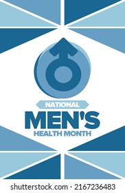 National Men's Health Month in June. Celebrated in United States. Educational program that teaches you how to work on your body. Healthy eating, exercise and disease prevention. Medical vector poster