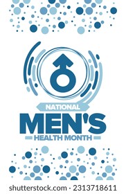 National Men's Health Month in June. Celebrated in United States. Educational program that teaches you how to work on your body. Healthy eating, exercise and disease prevention. Medical vector poster