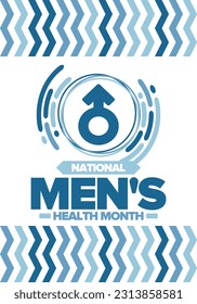 National Men's Health Month in June. Celebrated in United States. Educational program that teaches you how to work on your body. Healthy eating, exercise and disease prevention. Medical vector poster