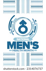 National Men's Health Month in June. Celebrated in United States. Educational program that teaches you how to work on your body. Healthy eating, exercise and disease prevention. Medical vector poster