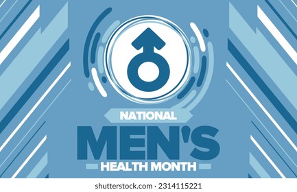 National Men's Health Month in June. Celebrated in United States. Educational program that teaches you how to work on your body. Healthy eating, exercise and disease prevention. Medical vector poster