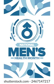 National Men's Health Month in June. Celebrated in United States. Educational program that teaches you how to work on your body. Healthy eating, exercise and disease prevention. Medical vector poster