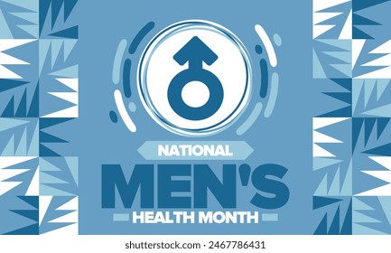 National Men's Health Month in June. Celebrated in United States. Educational program that teaches you how to work on your body. Healthy eating, exercise and disease prevention. Medical vector poster