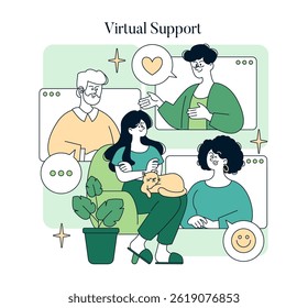 National Mental Health Awareness concept. Group of people in virtual interaction supporting each other emotionally through online platforms, communication and connection. Vector illustration
