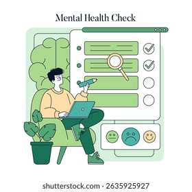 National Mental Health Awareness concept. Young person taking online mental health assessment test at home, psychological self-care check, wellness survey and emotional wellbeing. Vector illustration