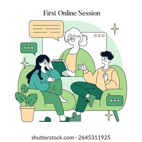 National Mental Health Awareness destaca o significado das sessões de terapia on-line. Ilustra um conselheiro guiando os clientes, promovendo comunicação aberta e apoio emocional.