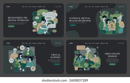 National Mental Health Awareness illustration. Represents the significance of mental health through supportive interactions and online resources. Highlights stress management and virtual support