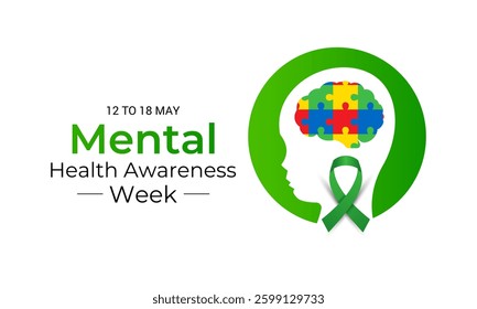 National mental health awareness week, May vector design for web banner, cards, prints, social media, poster, flyer and background design template. Realistic ribbon with man head icon design.