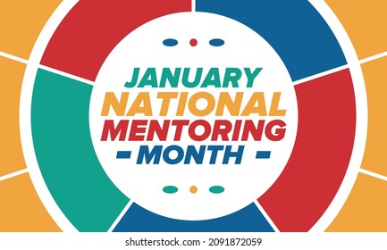 National Mentoring Month In January. Celebrate Annual In United States. Personal Mentor, Coach Or Teacher. Free Knowledge. Education Concept. Helping A Student In Study, Training. Vector Poster