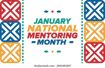 National Mentoring Month In January. Celebrate Annual In United States. Personal Mentor, Coach Or Teacher. Free Knowledge. Education Concept. Helping A Student In Study, Training. Vector Poster