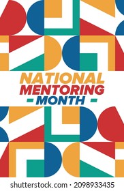 National Mentoring Month in January. Celebrate annual in United States. Personal mentor, coach or teacher. Free knowledge. Education concept. Helping a student in study, training. Vector poster