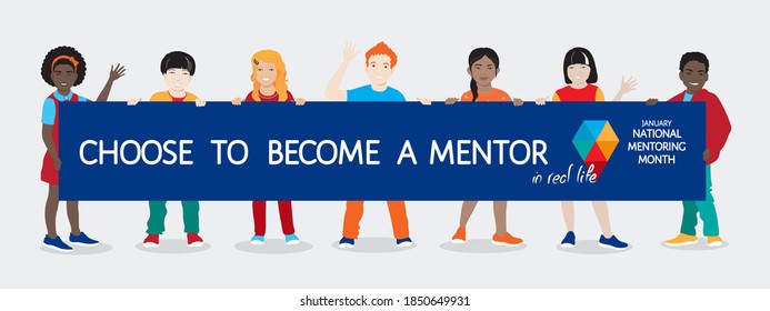 National Mentoring Month Vector Poster, Celebrating Annual In January In US. Diverse Teens Holding Banner, Call To Become A Mentor For Youth.  Movement  To Expand The Opportunities For Young People