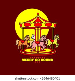 National Merry-Go-Round Day or Carousel to celebrate on July 25th. Children's amusement ride with horse riding and spinning theme in the amusement park area on maroon background.