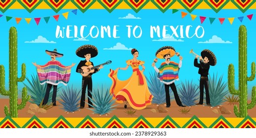 National Mexican characters, Welcome to Mexico travel poster with people, vector background. Mexico tourism banner with mariachi musicians in sombrero with guitars and charro in poncho with maracas