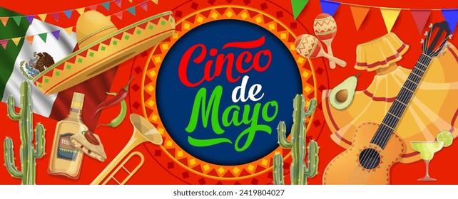 Banner cortado de papel nacional mexicano de las vacaciones Cinco de Mayo con sombrero y tequila, fondo vectorial. Cinco de Mayo o Fiesta Mexicana de Fiestas con la bandera de la guitarra, las maracas y México