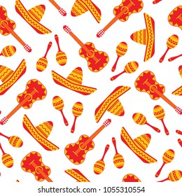 National mexican objects seamless pattern. Vector texture with sombrero, guitar and maracas in red, yellow and orange colors on white background for event decoration or seamless fabric design