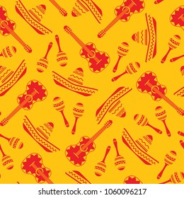 National mexican objects seamless pattern. Vector texture with sombrero, guitar and maracas in red color on yellow or orange background for event decoration, promo design or seamless fabric print