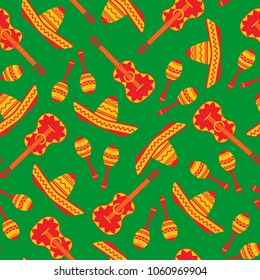 National mexican objects seamless pattern. Vector texture with sombrero, guitar and maracas in red, yellow and orange colors on green background for event decoration or seamless fabric design