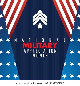 National Military Appreciation Month is celebrated every year in May, Poster, card, banner and background. Vector illustration. banner design with American flag theme and colors, stars, stripes